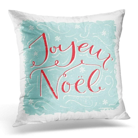 BSDHOME Blue Joyeux Noel French Saying Means Merry Christmas Modern Calligraphy with Swirls Vintage Style Red Pillow Case Pillow Cover 20x20 inch