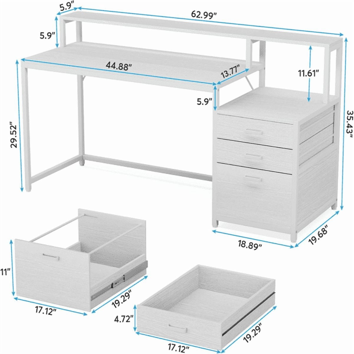 Ergonomic Computer Desk with File Cabinet - 62.99" Monitor Stand, 45W×19.68D Desktop, 2 Drawers - for Home Office, Study & Gaming