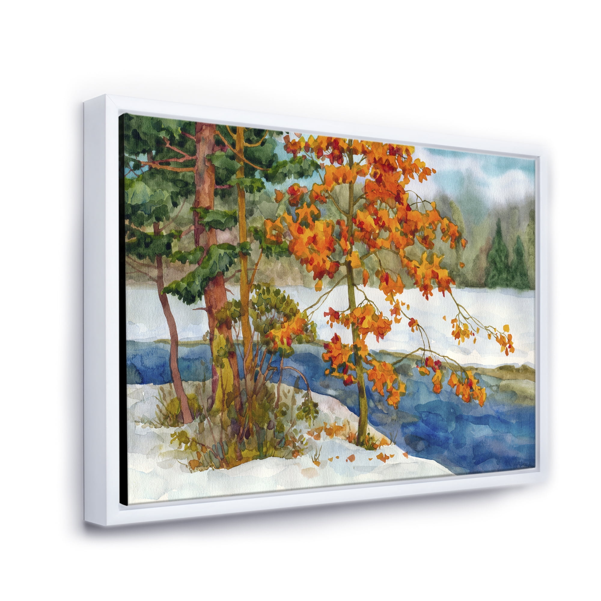 Designart 'Stream Through The Winter Forest I' Lake House Framed Canvas Wall Art Print