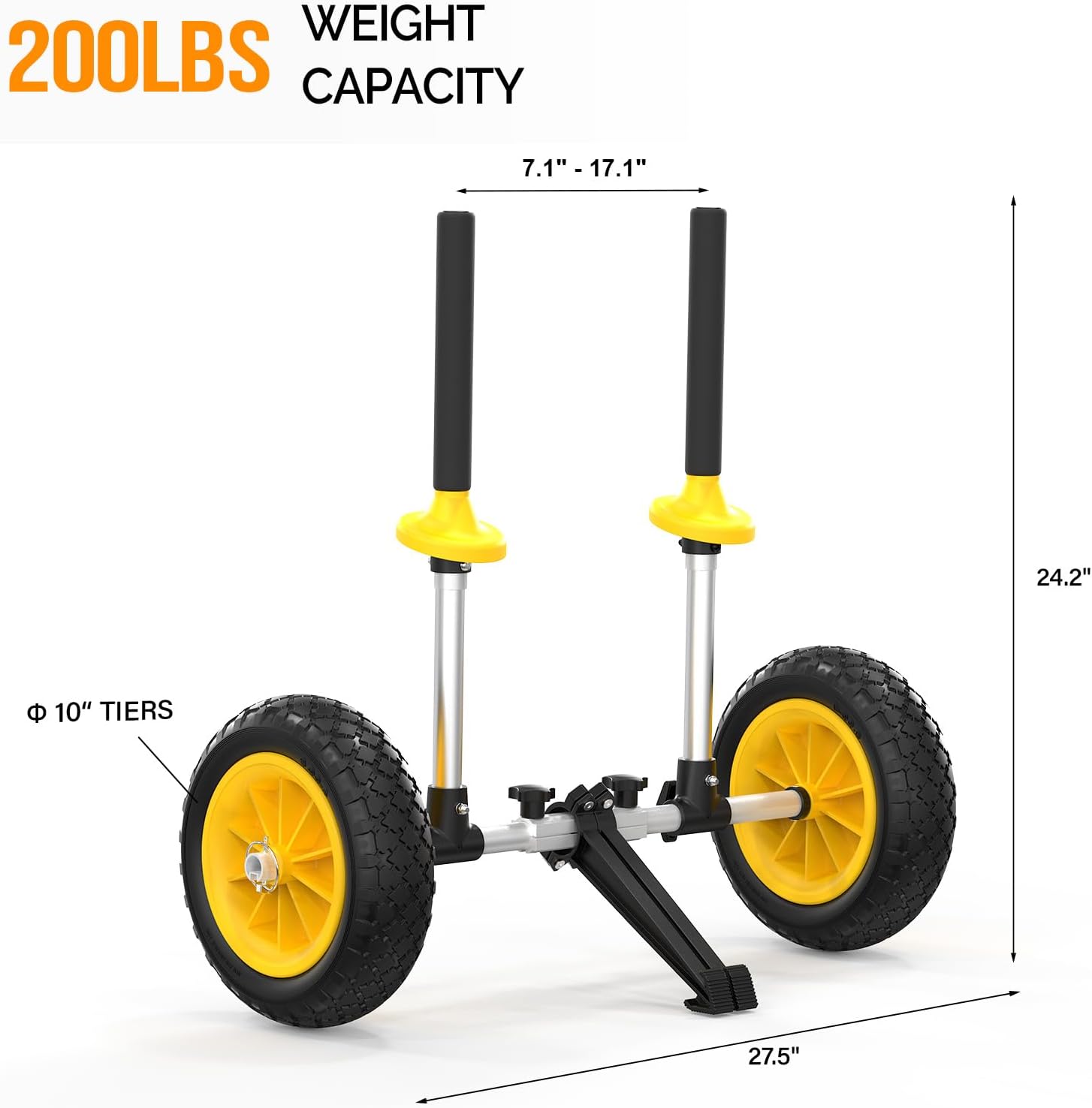 HJTER Kayak Cart with 10in Kayak Wheels, 7.1"-17.1" Adjustable Width, Detachable Kayak Dolly with Adjustable Angle Kickstand, Strap Free Kayak Trolley for Sit on Top Kayaks