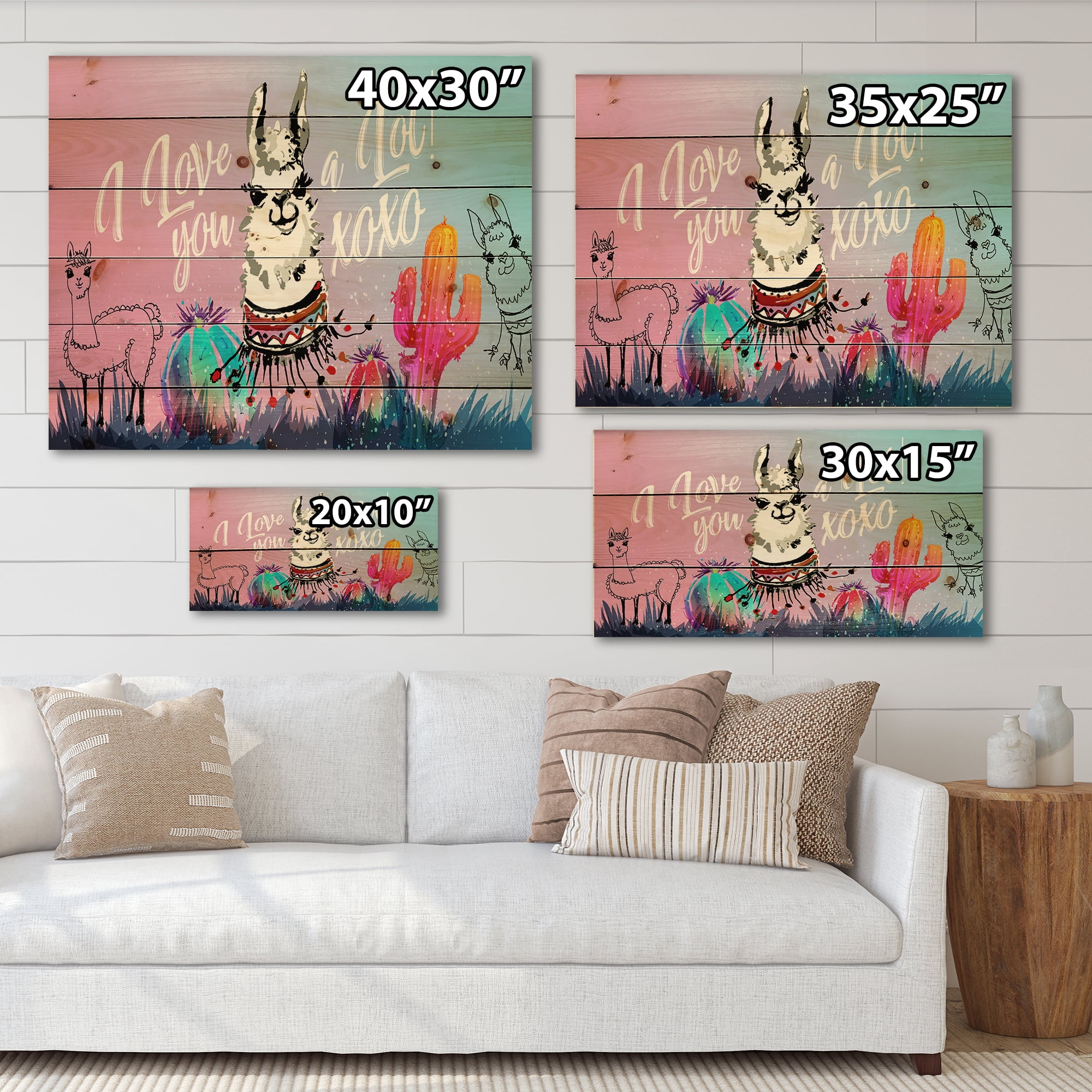 Designart 'I Love You A Lot Llama Alpaca Cartoon Portrait' Children's Art Print on Natural Pine Wood