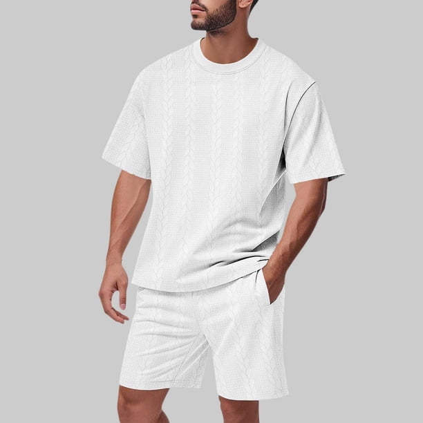 Ceisia Men's Loose Fit Jacquard 2-Piece Set Crew Neck Short Sleeve T-Shirt with Elastic Waist Drawstring Shorts Gifts