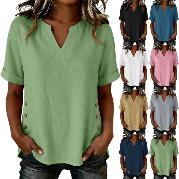 VBVC Women's Cotton-Linen V-Neck Blouse, Ladies' Rolled Cuff Short Sleeve Side Shirt, Button Detail Summer Tunic Top For Women,Black,S-2XL
