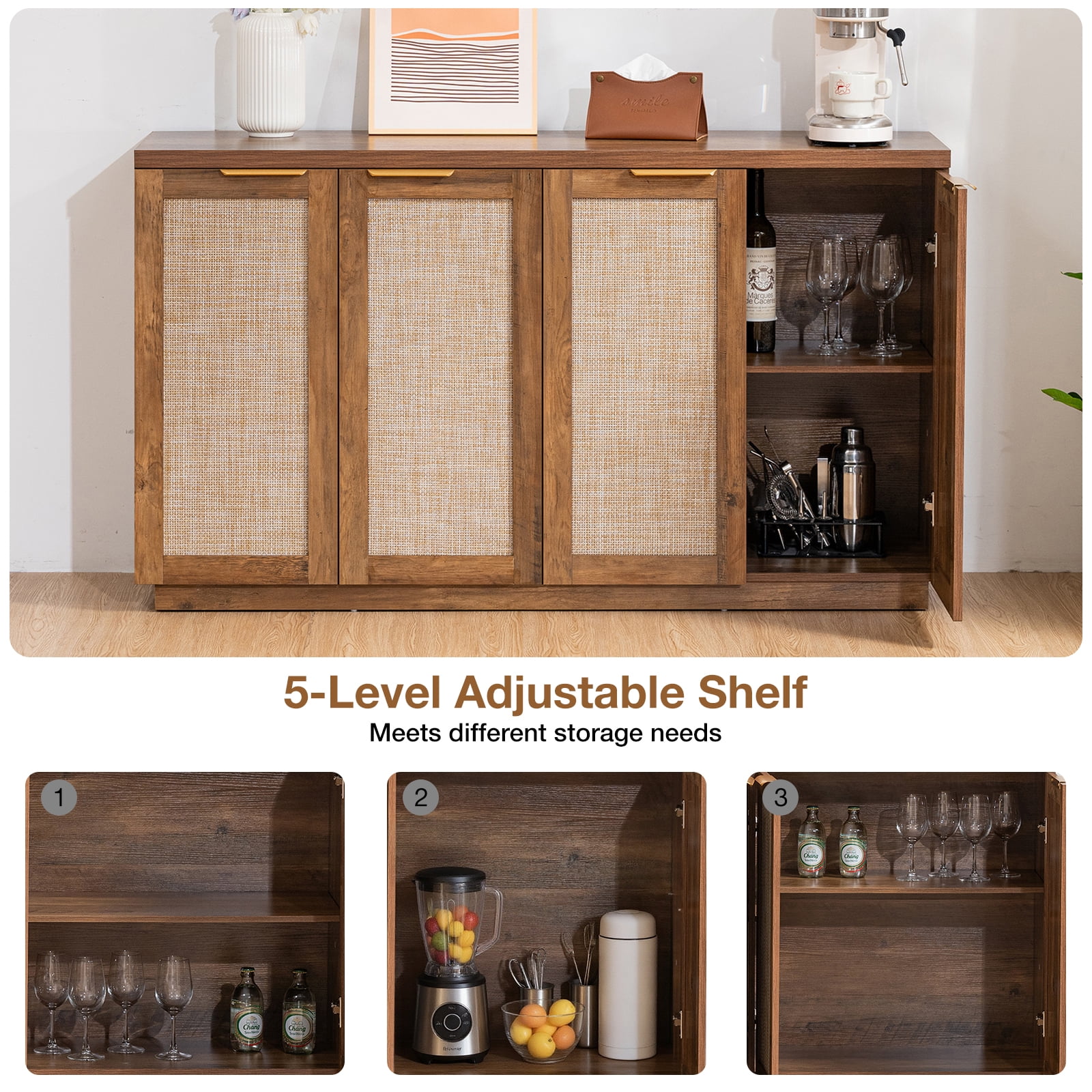Hommpa Storage Sideboard Rattan Sideboard Buffet Cabinet with Adjustable Shelves 4-Doors Kitchen Storage Cabinet for Dining Room, Living Room,Bedroom, Hallway, Brown