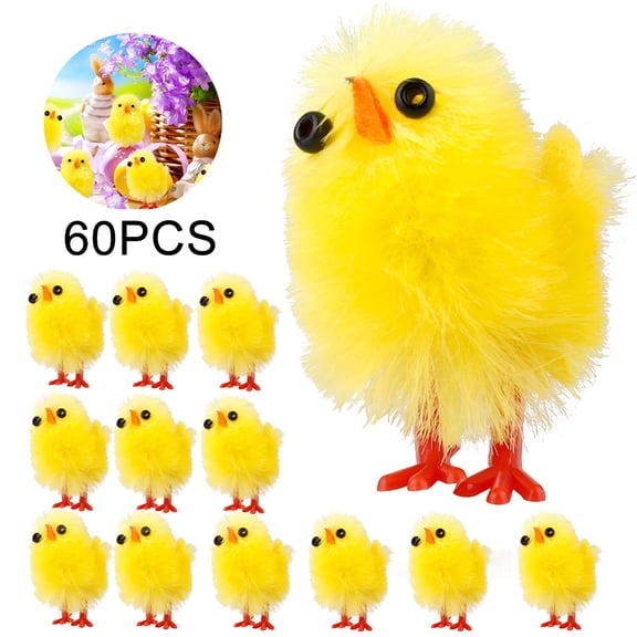 BESTSKY 60pcs Easter Mini Chicks Chenille Easter Chicken Decorations Cartoon Fluffy Plush Farm Chicken Figures Kids DIY Easter Easter Basket Stuffers Party Favors