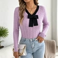 thumbnail image 2 of QIYAGBSA Womens V Neck Sweater Cable Knit Contrast Bow Detail Long Sleeve Pullover Casual Fall Winter Top (Purple L), 2 of 8