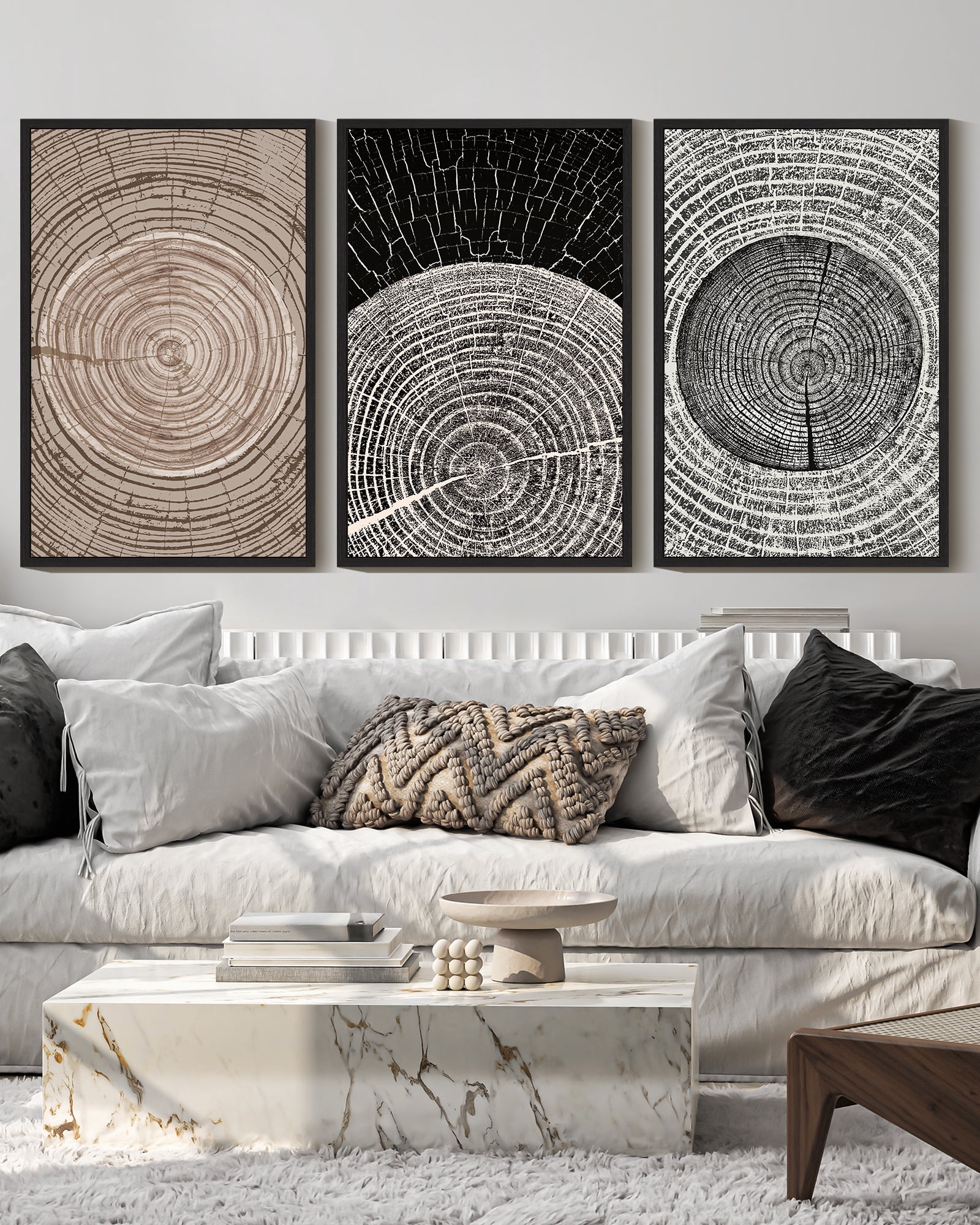 SHENIFY Vintage Wood Tree Rings Wall Art 16x24in3pcs Black Framed Farmhouse Rustic Canvas Paintings Living Room Bedroom Decor Nature Artwork