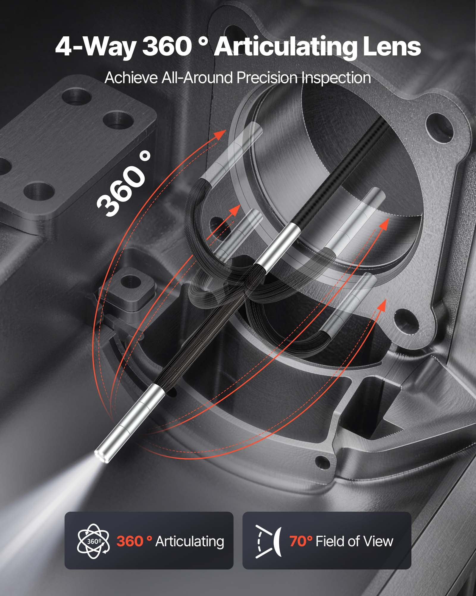 VEVOR 4-Way Articulating Endoscope with Light, 1080P HD Industrial Borescope Inspection Camera with 0.15-inch Ultra Slim Articulated Probe, Flexible Snake Scope Cam