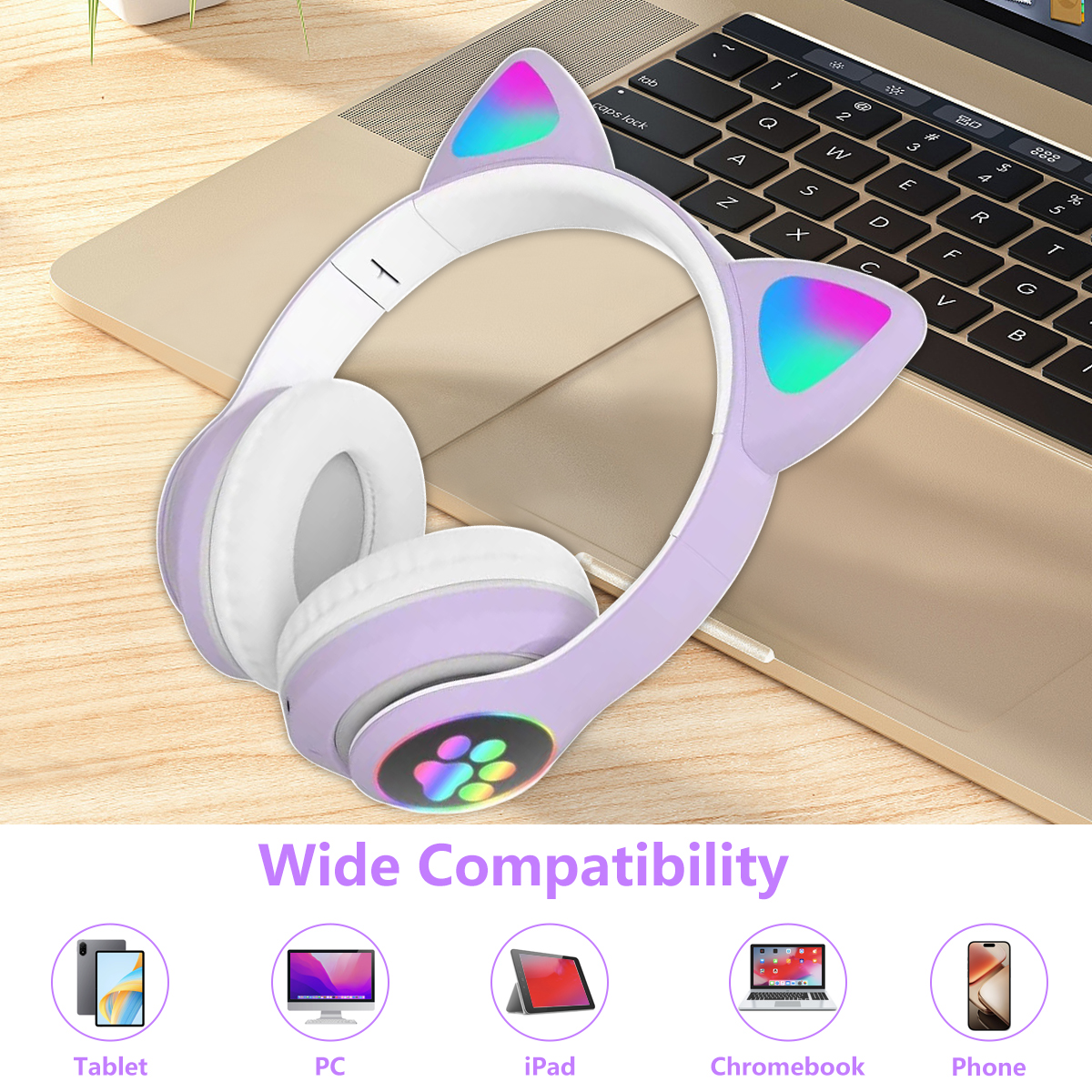 Rirool Cat Ear Bluetooth Headphones for Kids Purple photo 2