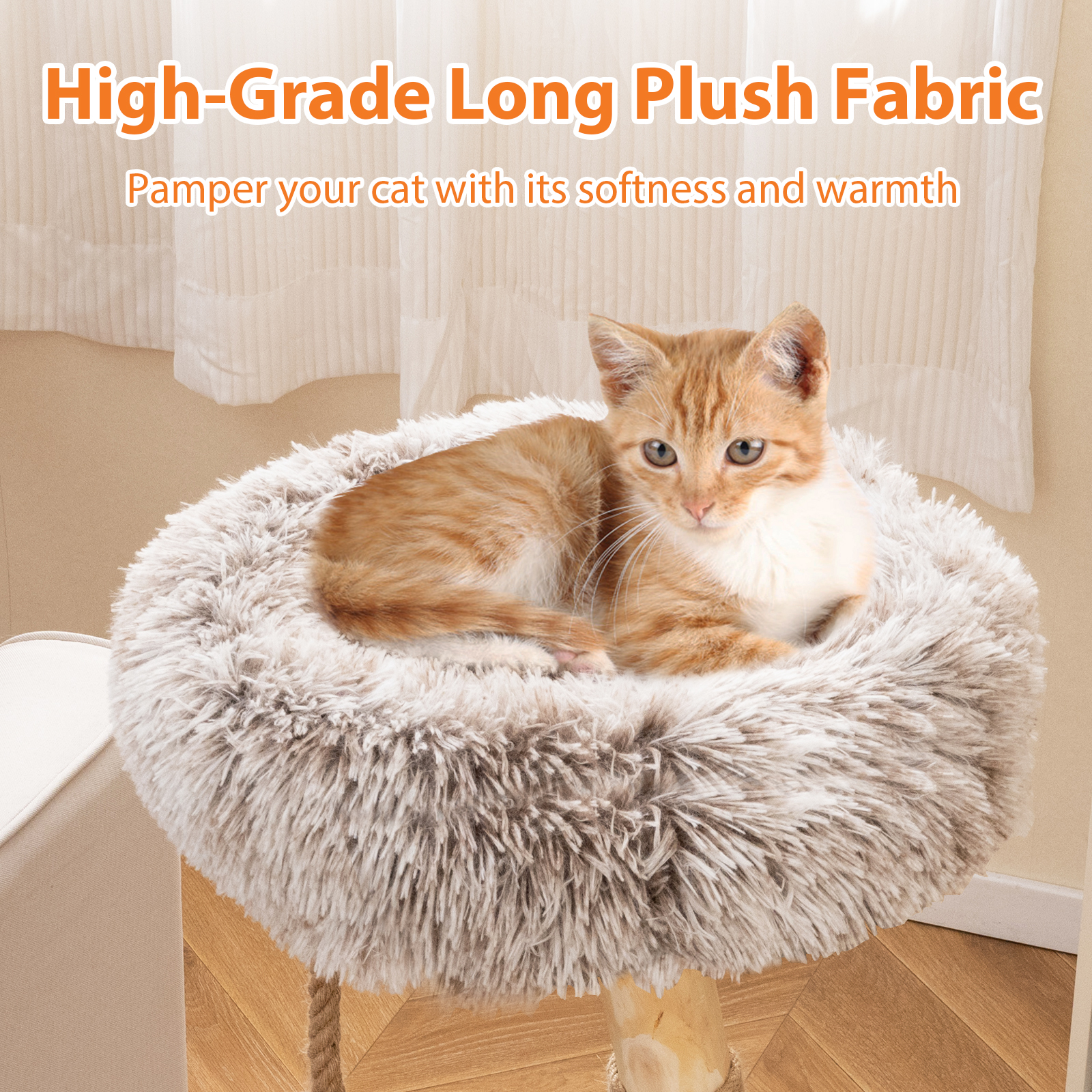 Gymax Solid Wood Cat Tower Modern Cat Scratching Tree w/Luxurious Perch Teasing Rope