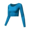 thumbnail image 2 of A2Y Women's Basic Solid Stretchable Scoop Neck Long Sleeve Crop Top Teal L, 2 of 3