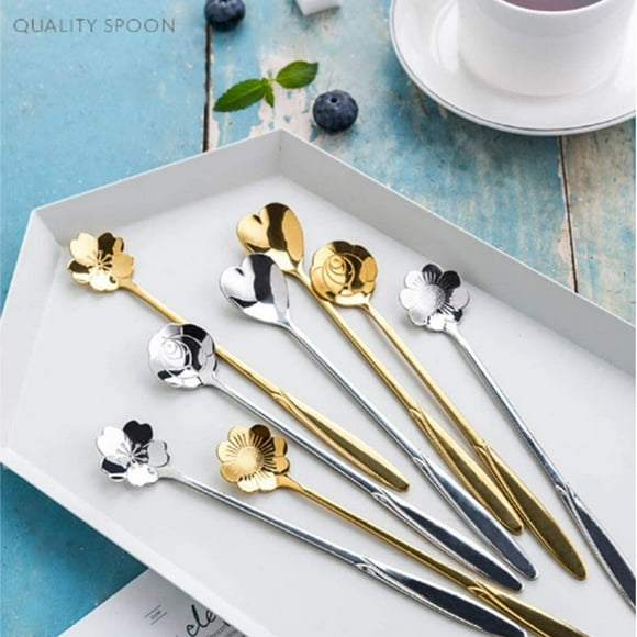 Ensemble de Cuillères à Fleurs, Cuillères à Thé Réutilisables en Acier Inoxydable Cuillère à Mélanger Cuillère à Sucre Cuillère à Dessert Cuillère à Gâteau Cuillères à Crème Glacée Vaisselle pour Fête de Thé, Ensemble de 4 - Style3