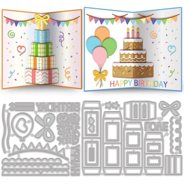 Troqueles de corte de metal para tarjetas de cumpleaños con diseño de caja de regalo desplegable 3D, pastel y vela. Troqueles de acero al carbono para repujado.