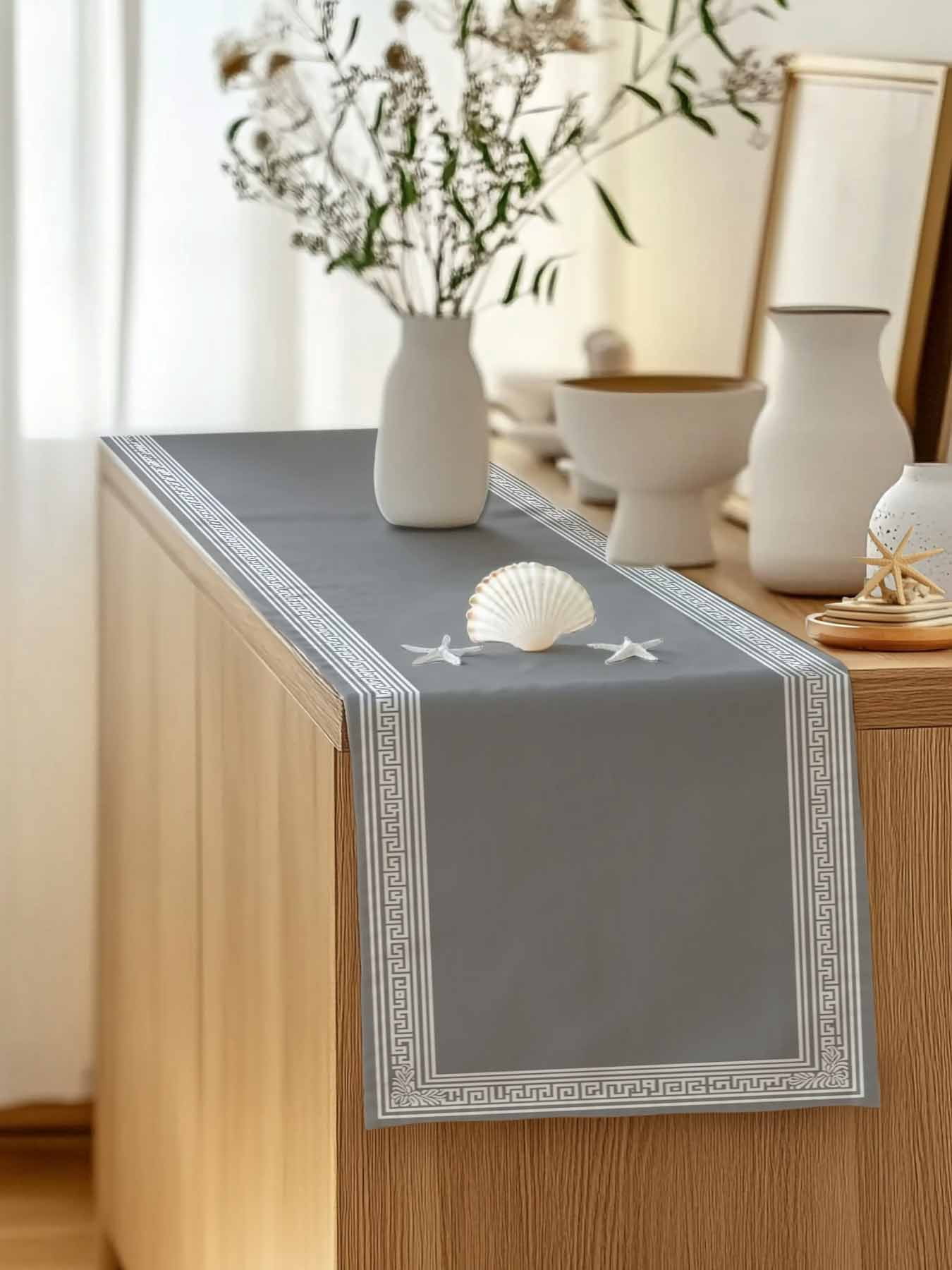 Table Runner 108 Inches Long for Kitchen Dining, Gray Geometric Dresser Scarf Farmhouse, Dining Table Decorations for Wedding/Parties, White Greek Key Design Abstract Modern Art 13 x 108 In