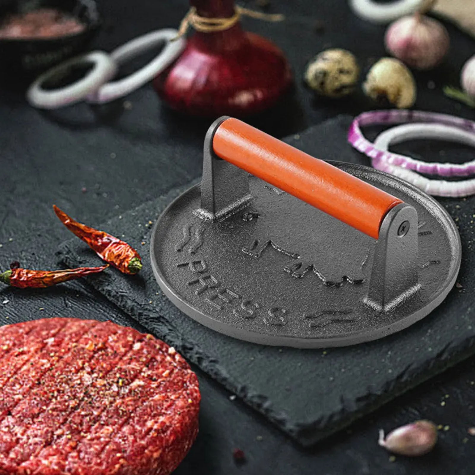 Wmkox8yii Burger Press 7.08" Round,Heavy-Duty Cast Iron Burger Press Smash Meat Steak With Wood Handle,for Blackstone Camp,Seared Bacon,Steak & Sandwiches,Equalized Weight Distribution