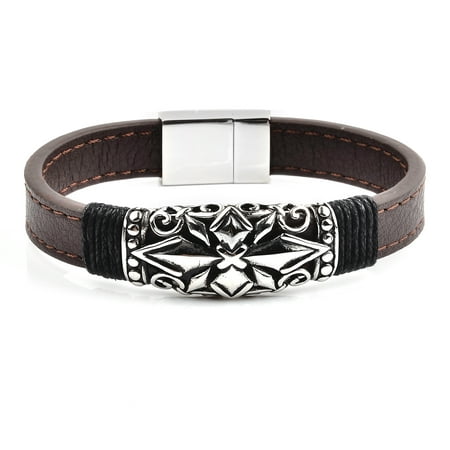 Antiqued Stainless Steel Cross ID Brown Leather Bracelet (17.2mm Wide), 8.5