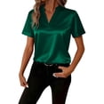 thumbnail image 2 of Endives Womens Satin T-shirt V Neck Short Sleeve T Shirt Elegant Blouse Womens Top Summer Outfits Green, 2 of 7