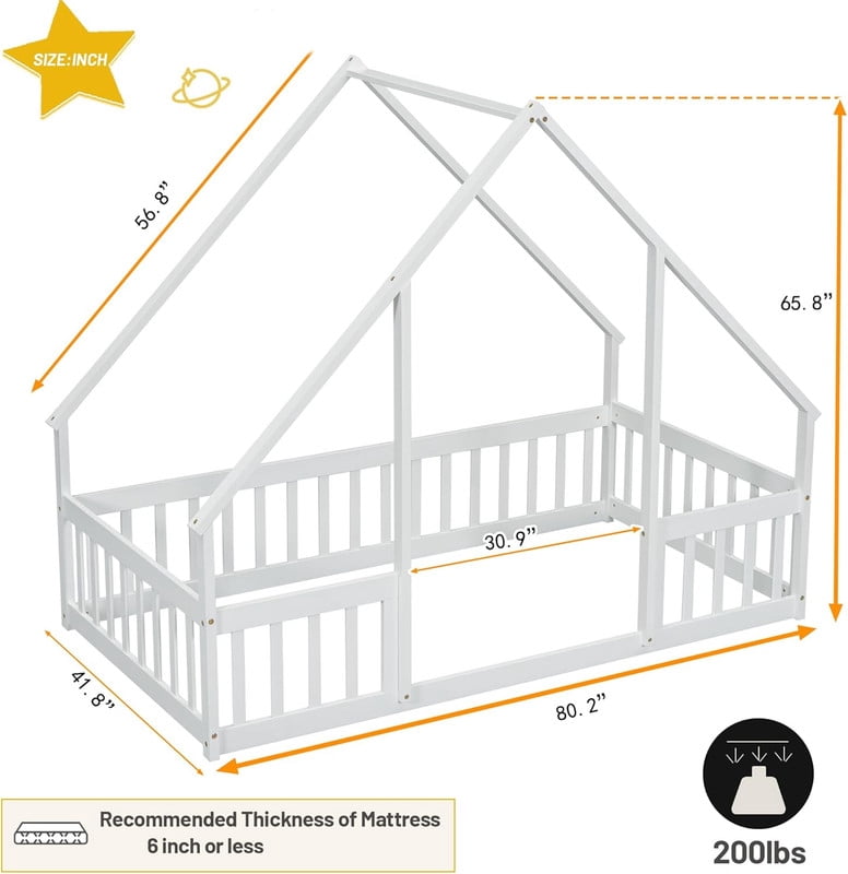 Duxelifin Twin Size House Floor Bed Frame with Triangular Roof and Fence Rails, Wooden Floor Bed Frame Girls,Boys, Montessori Floor Bed, Easy Assembly（White）