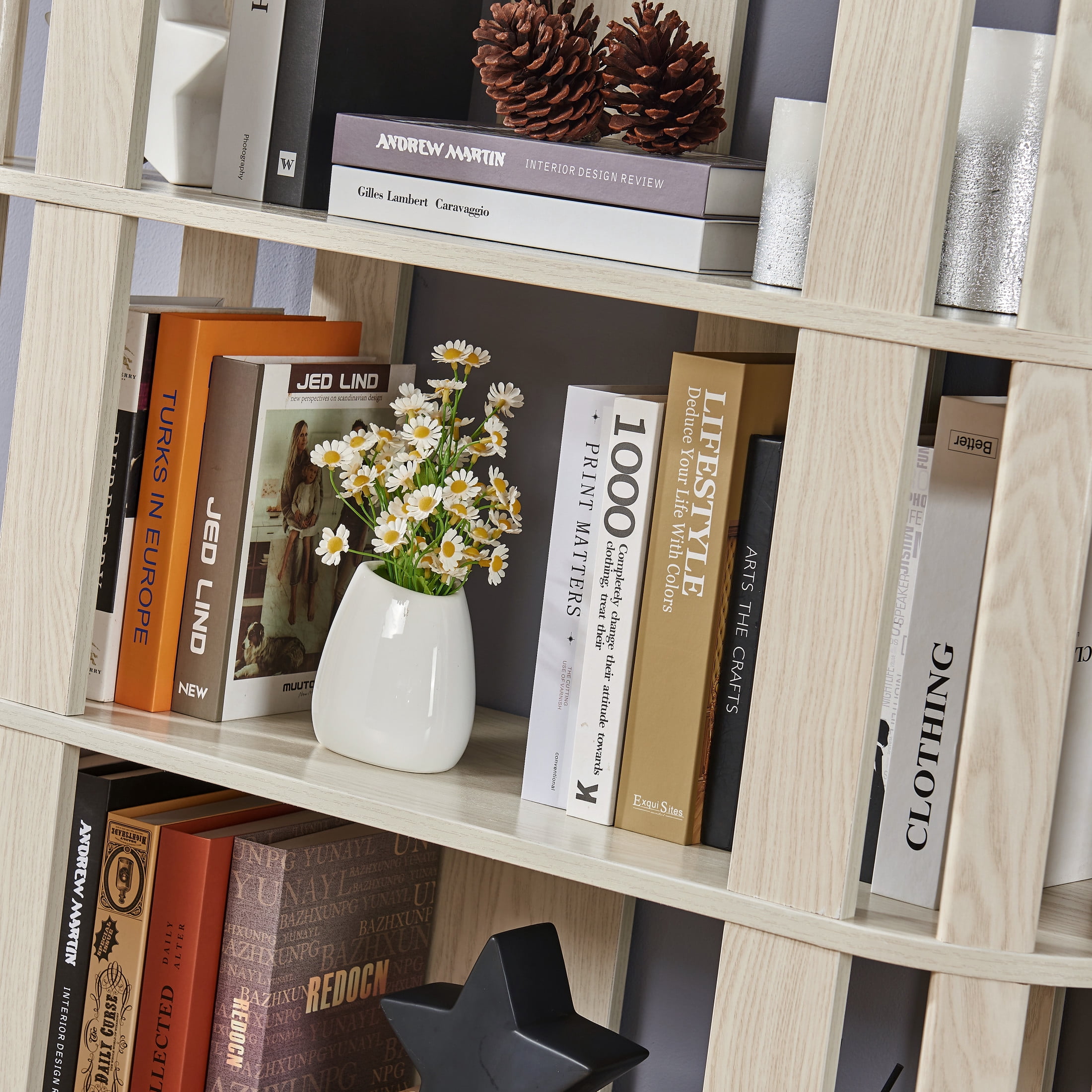 GDF Studio Lexair 5-Tier Wooden Oval Open Bookshelf with Curved Grid Frame, Storage Display Bookcase Rack, White Oak