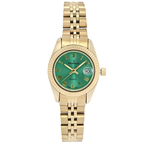 Peugeot Women's Gold-Tone 25mm Fluted Bezel Steel Bracelet Watch with Green Dial