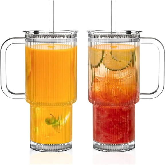 26oz Ribbed Glass Tumbler with Handle & Lid, 2-Pack Clear large Iced Coffee Cups with Plastic Straws, Glass Mug for Cold & Hot Beverages, Aesthetic Travel Cup for Smoothies, Tea, and Juice