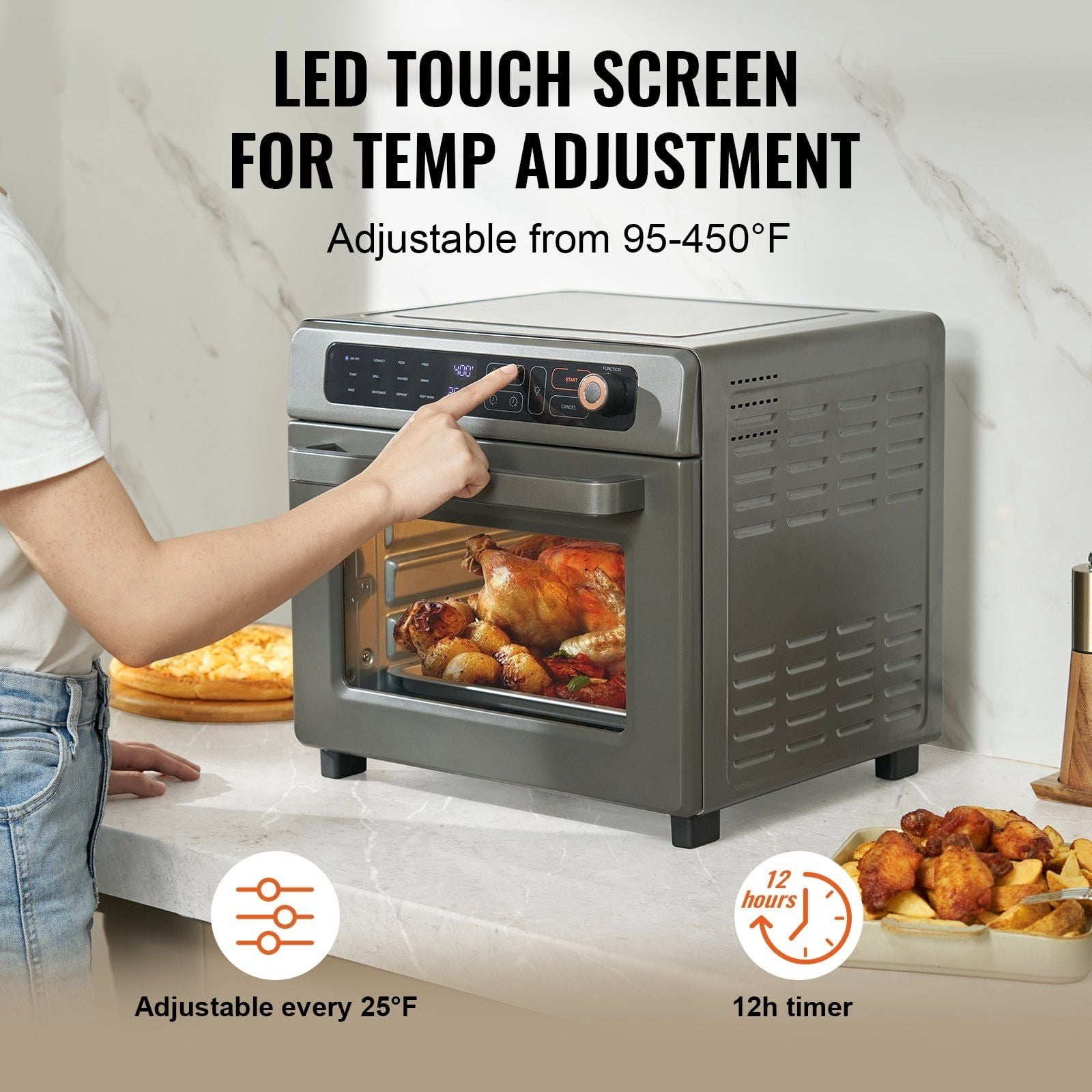 12-In-1 Air Fryer Oven Combination, 25-Liter Convection Oven, 1700W Stainless Steel Countertop Toaster, Home and Commercial with Grill Grill Gloves, Bakes 12 Slices of Toast 12-Inch Pizza