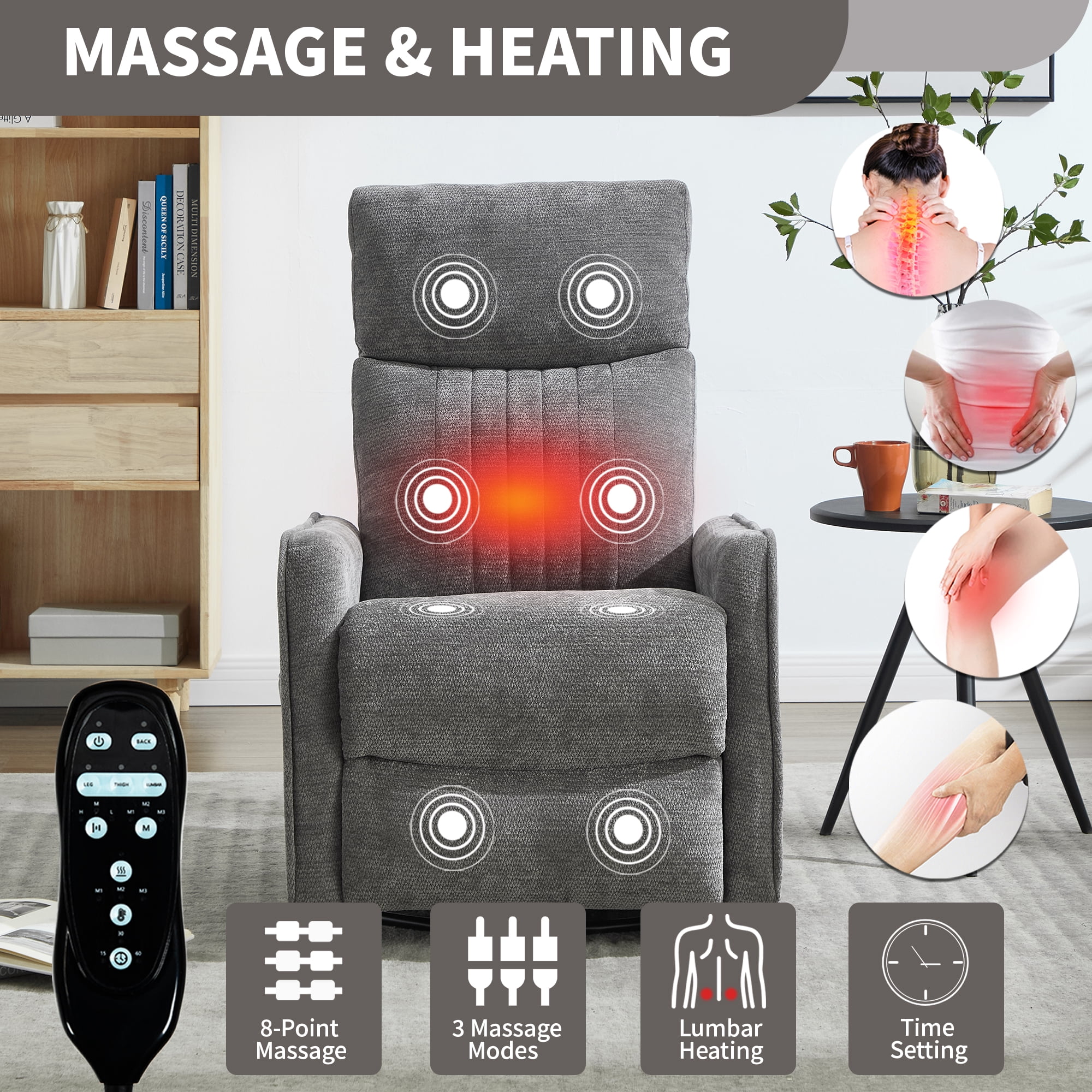 Gewnee 360° Swivel Rocking Recliner with Massage & Heat, Adjustable Reclining Angle, for Living Room & Office，Dark Gray