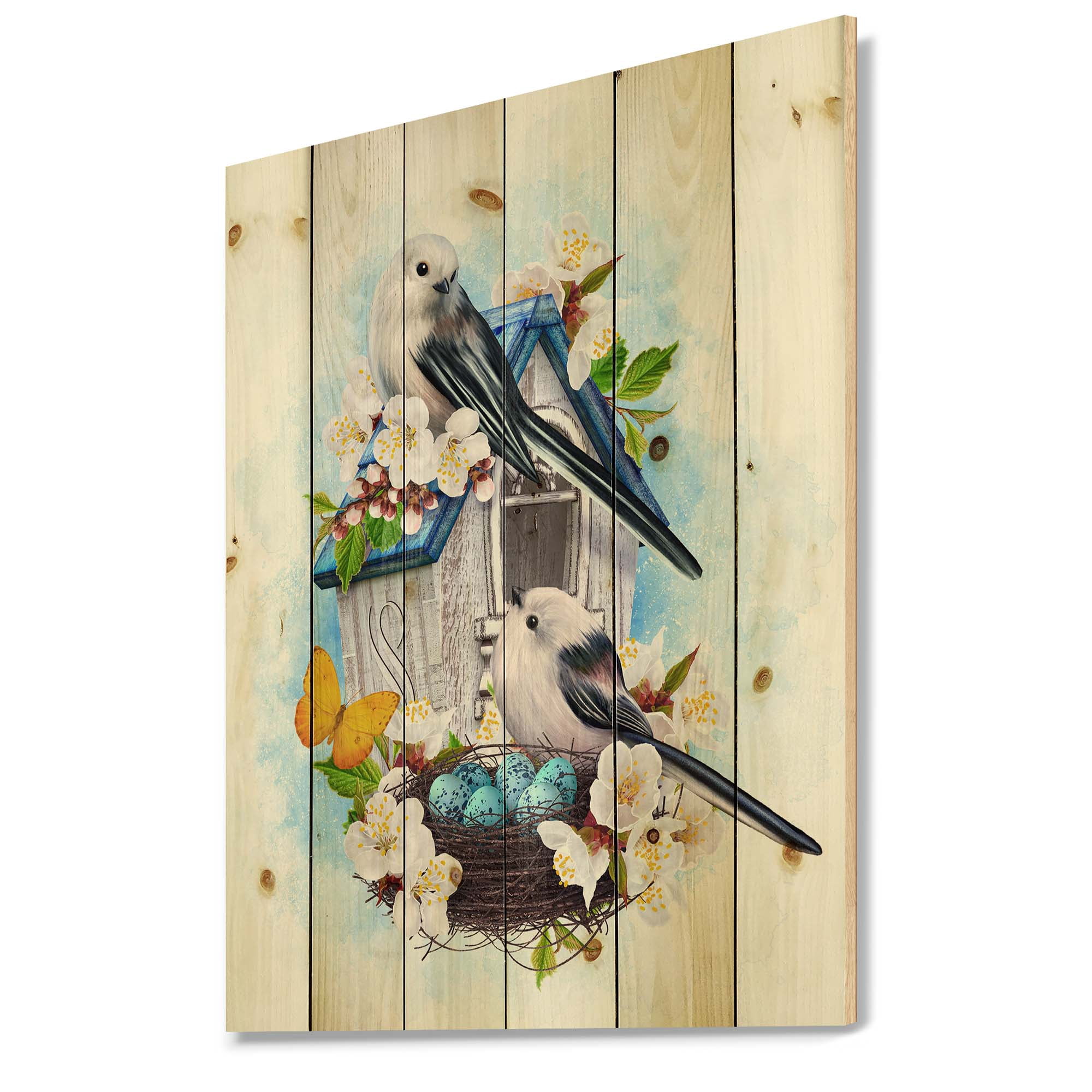 Designart 'Two Tit Birds Sitting Near The Nest With Eggs and White Flowers II' Traditional Print on Natural Pine Wood