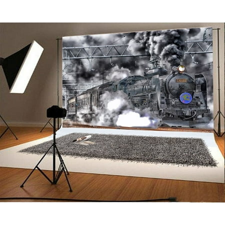 HelloDecor Polyester Vintage Black Engine Backdrop 7x5ft Photography Background Steam Train Old Locomotive Railway Children Boys Birthday Party Decoration (Best Cheap Steam Backgrounds)