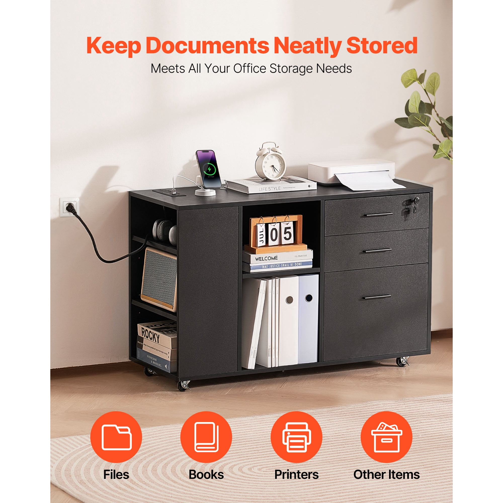 KFFKFF 3-Drawer Wooden File Cabinet with Power Strip, Lockable Rolling Storage Unit with Adjustable Shelves & 5 Wheels, Mobile Printer Stand for Home Office or School, Black