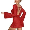 thumbnail image 2 of Lovskoo Women's 2024 Sparkly Sequin Backless Tie Bell Sleeve Mini Dress Long Sleeve Glitter Bodycon Party Club Dresses Red, 2 of 9