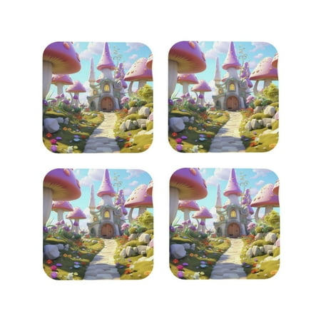 

Junzan Dreamy Mushroom House Print Coasters for Drinks - Leather Coasters Set of 4 for Coffee Table for Housewarming/Kitchen/Bar/Decor-Square