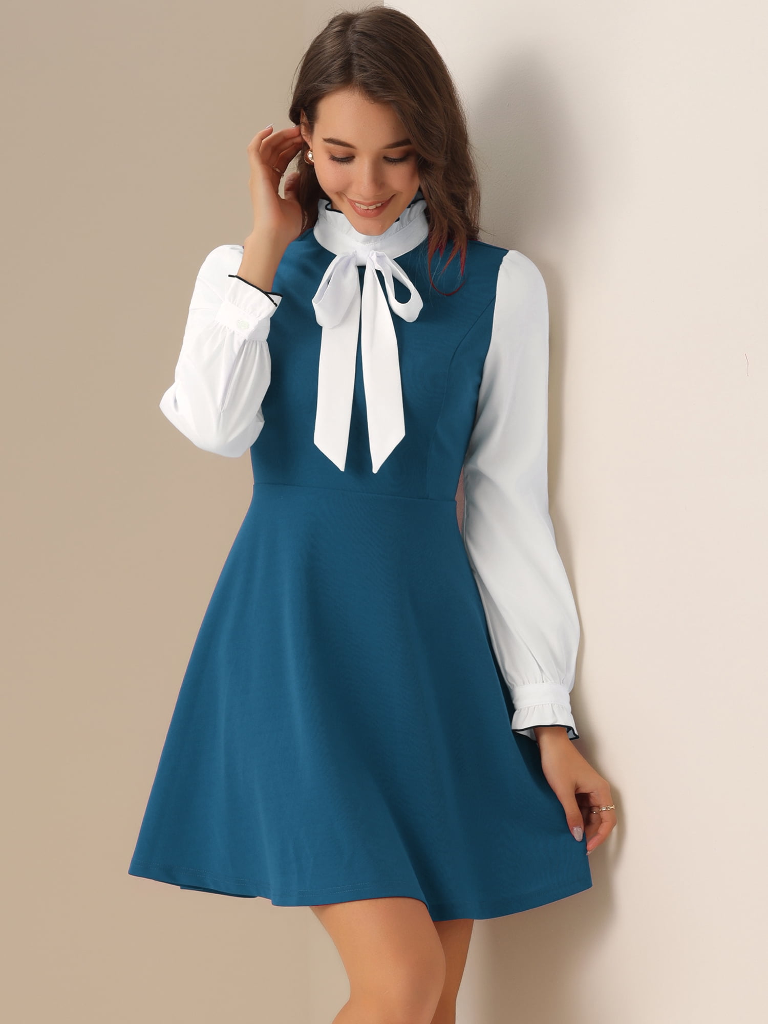 DARING DIVA Contrast Tie Neck Long Sleeve Elegant A-Line Dress M Lake Blue