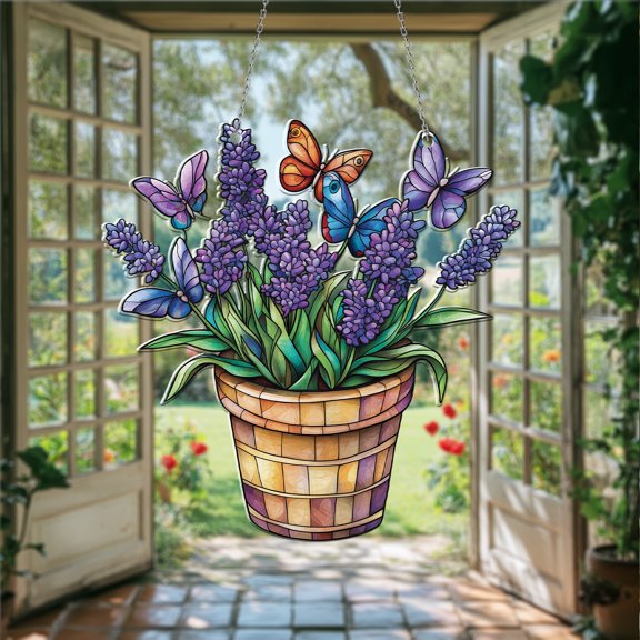Window Hanging Lavender Flower Pot with Butterflies, Car Decoration, Stained Glass Style Suncatcher, Floral Art Gift for Dad or Mom, Unique Home Décor, Botanical Design, Boho Room Decoration