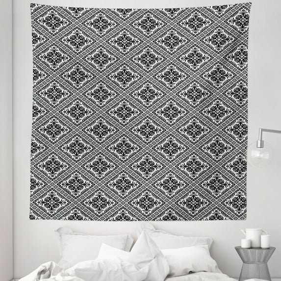 Renaissance Tapestry, Victorian Damask in Contemporary Minimalist Tones with Art Deco Effects, Fabric Wall Hanging Decor for Bedroom Living Room Dorm, 5 Sizes, Black and White, by Ambesonne