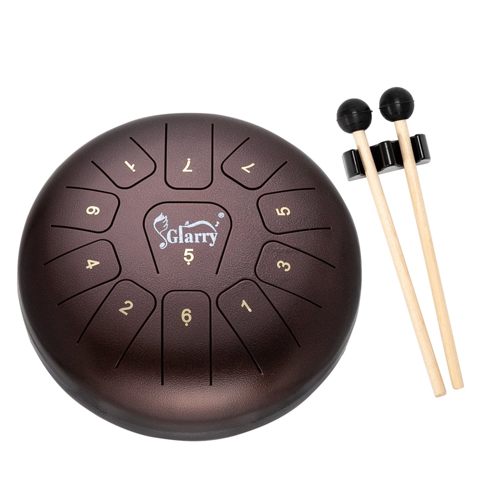 Kepooman 10 Inches 11-tone Steel Tongue Drum Stainless Steel Handpan Drum Empty Drum Kit with Portable Drum Pack & Drumsticks - Dark Brown