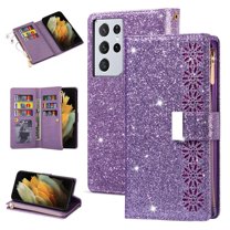 Dteck Galaxy S21 Ultra Wallet Case, Bling Sparkle Glitter PU Leather Magnetic Flip Case with Credit Card Slots/Hand Strap for Samsung Galaxy S21 Ultra, Purple
