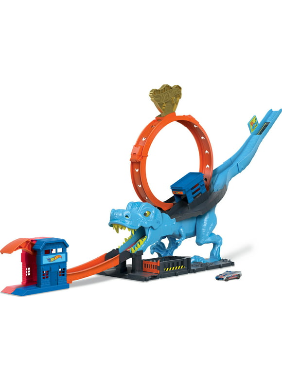 Hot Wheels City T-Rex Dinosaur Chomp-Down Track Set with a Huge Loop & 1:64 Scale Toy Car for Age 3 - 5
