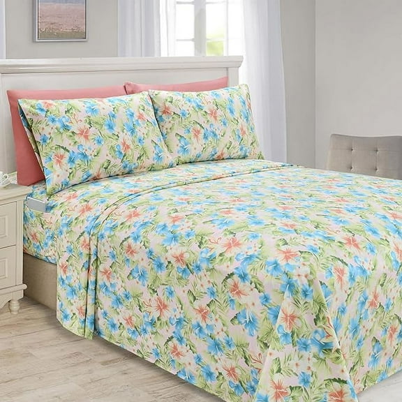 Elegant Comfort Softest and Coziest 6-Piece Sheet Set - 1500 Series - Deep Pocket, Wrinkle Resistant 6-Piece Floral Magnolia Pattern Bed Sheet Set, California King, Magnolia