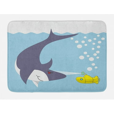Yellow Submarine Bath Mat, Shark with Vessel in Ocean Bubbles Under Sea Theme Animals Cartoon, Non-Slip Plush Mat Bathroom Kitchen Laundry Room Decor, 29.5 X 17.5 Inches, Blue Gray Yellow, Ambesonne