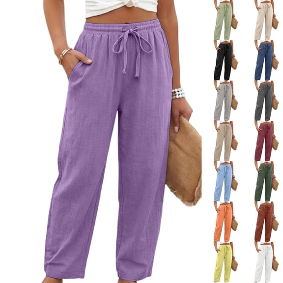 Linen Pants for Women Beach Vacation High Waist Elastic Drawstring Straight Leg Long Trousers with Pockets, XL