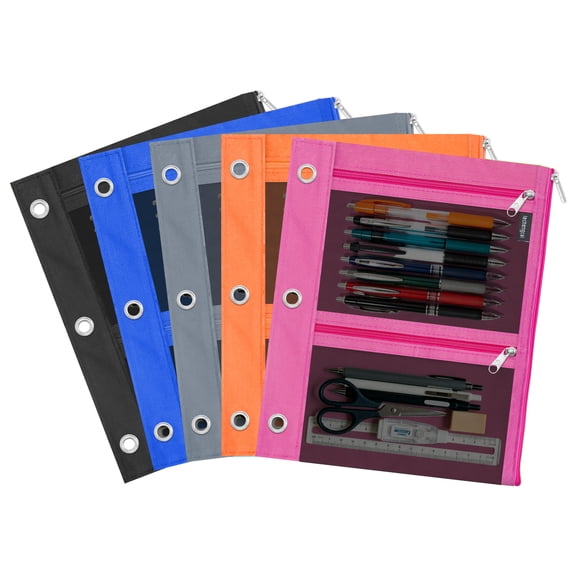 DoDoMagxanadu 3 Ring Binder Pencil Pouch, 11"x9" Zipper Pencil Case with 3 Pockets & Mesh Window, Heavy Duty Waterproof Organizer Bag for School Supplies, Cables, Earbuds and Makeup,5 Pack