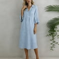 thumbnail image 4 of Women's Linen Casual Feel Shirt Dress Collared V Neck Half Sleeve Midi A-Line Swing Dress Relaxed Fit Flowy Work Office Daily Wear Breathable Apparel, 4 of 7