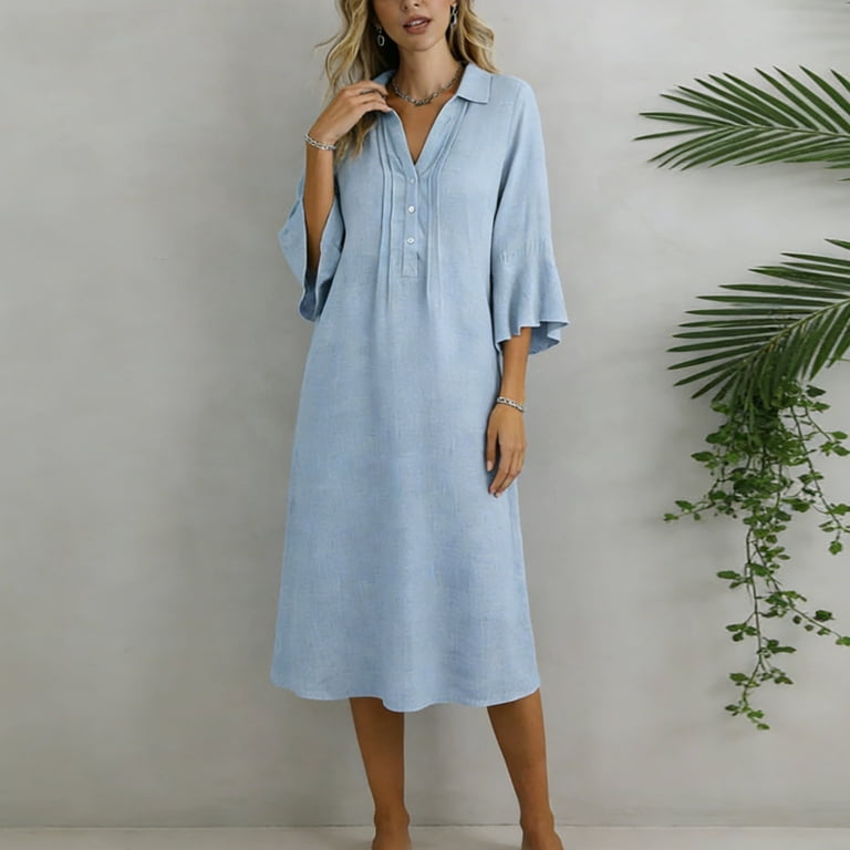 mumu shirt dress Sakmal Cotton Linen Womens Dresses Long Mumu Summer Shirt Dress Blue Collared Short Sleeve Sundress for Women 2XL, Women's