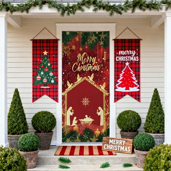 Merry Christmas Door Cover 6.7x3 Ft Winter Holiday Atmospheres Door Curtain Backdrops Hanging Fabric Christmas Door Covers Home Room Decor