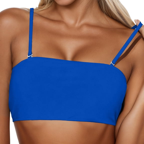 HNMKIU Adjustable Swimsuit Tops for Women Solid Color Removable Bandeau Bikini Top Two Piece Women's Swimwear Blue,L