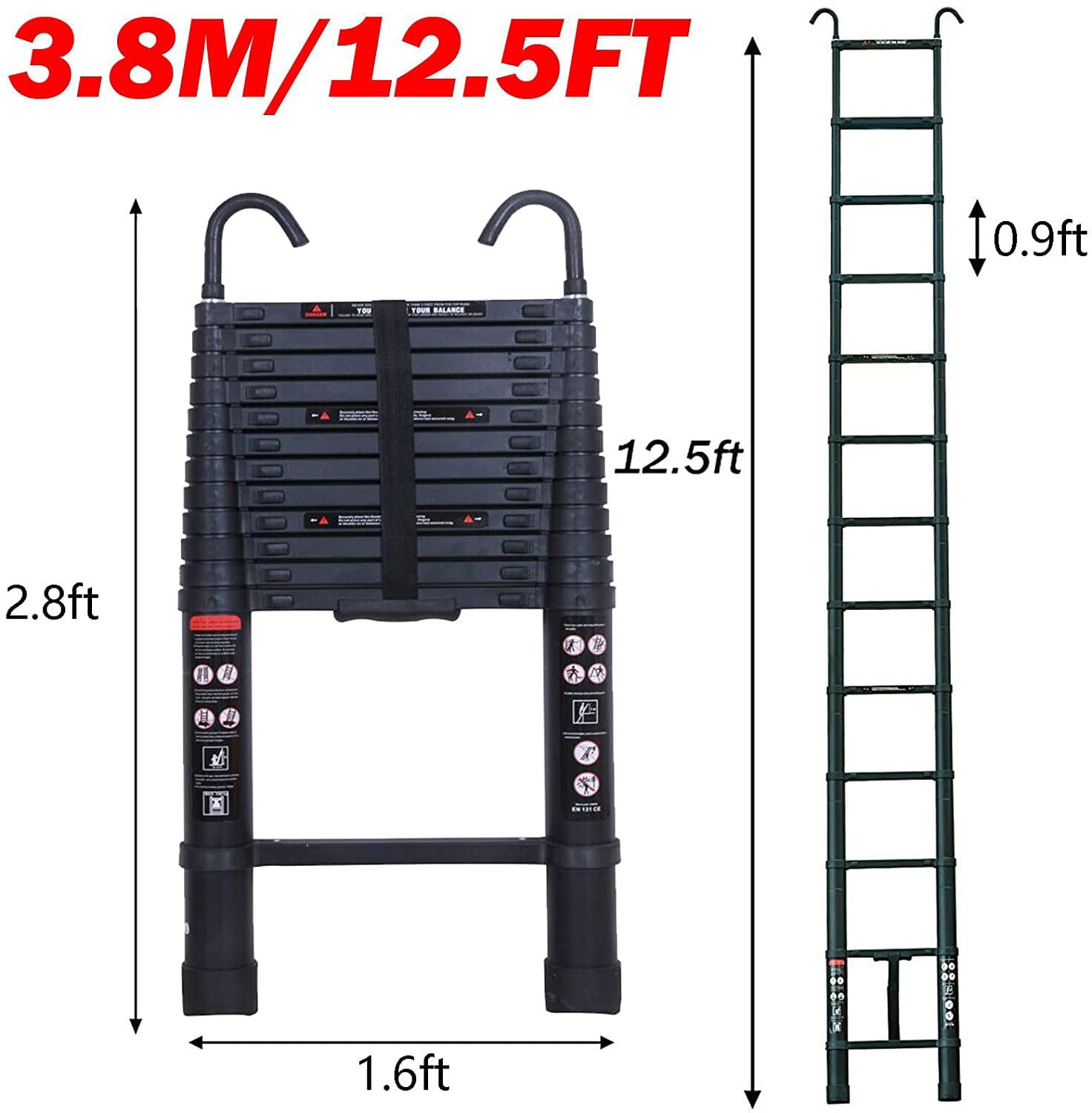 dicn Telescopic Ladder 3.2m 10.5Ft Aluminium Lightweight Portable Max Load 330lbs 11 Steps Extendable Foldable Ladder for DIY Home Work Builder Garden Office Loft Attic 