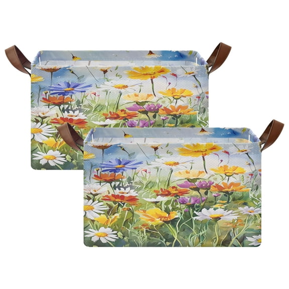 Rectangle Storage Basket with Handles Wildflowers Collapsible Bin Large Bins Decorative for Clothes Toys Bedroom