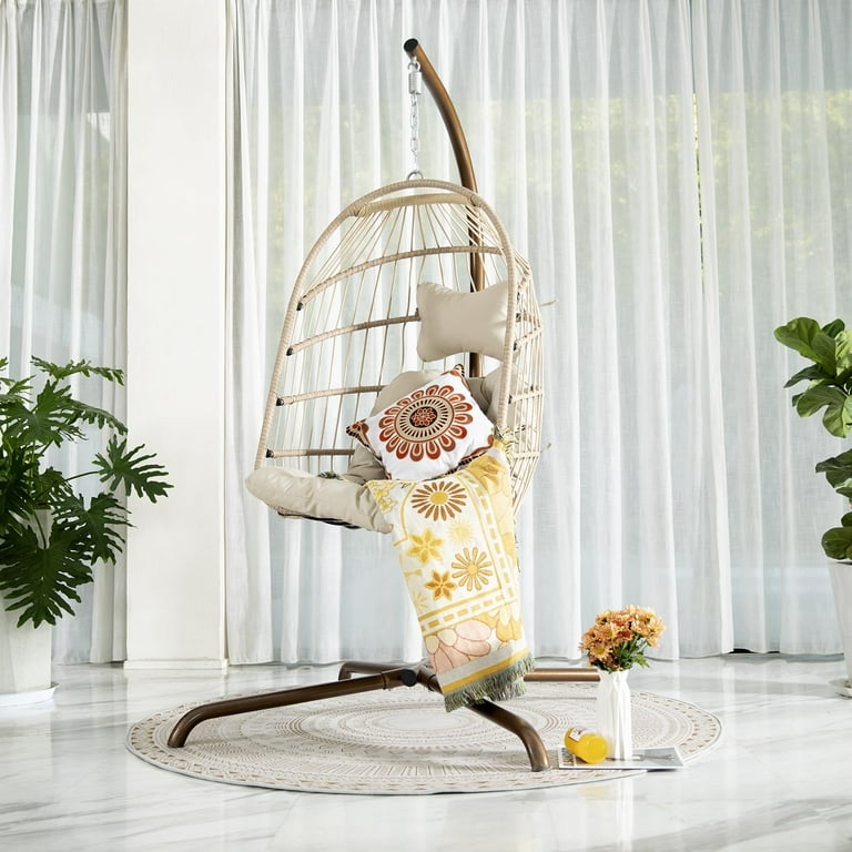 Nicesoul Rattan Swing Egg Chair Hanging Chair with Stand Beige 350