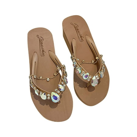 

KIJBLAE Women s Wedges Shoes Clearance Summer Sandals Rhine-drill Chain Flip-flops Beach Resort Wedge-heeled Pinch Shoes Khaki 39 Lady Wedges Shoes Discount